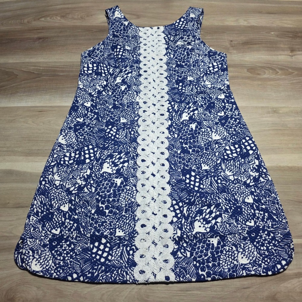 Lilly Pulitzer Shift Dress Women 8 Blue White Fish Print Crochet Lace Nautical
